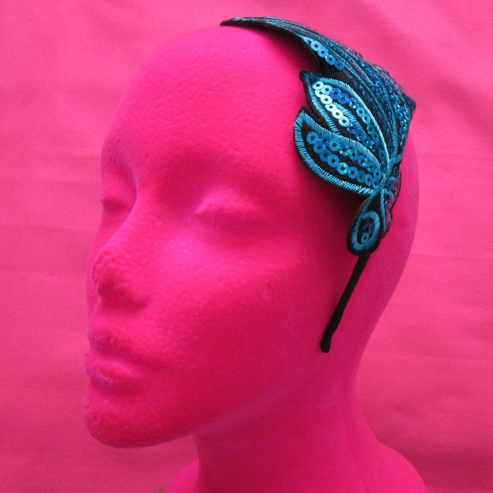 new aqua blue sequin feather headband fascinator